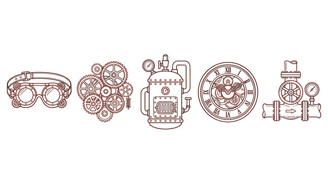 Steampunk elements collection featuring gears, clock, goggles, and industrial machinery designs in a detailed line art style illustration.