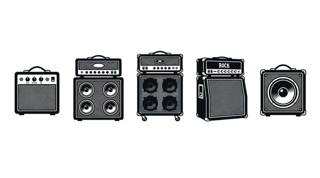 Various guitar amplifiers and speaker cabinets arranged horizontally in a black and white vector illustration, representing musical equipment for rock and roll performances.