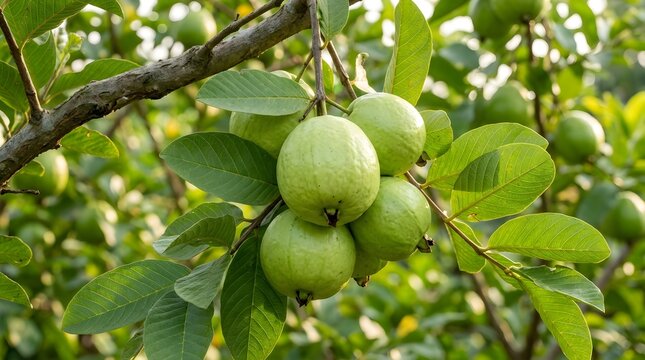 Fresh Green Guava Fruits on Tree in Sunlit Garden Tropical Agriculture and Healthy Nutrition Concept