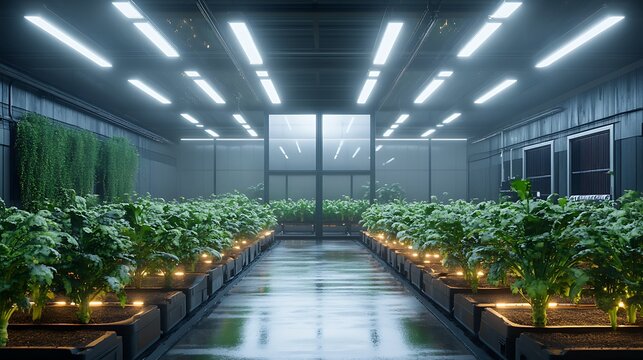 Many vibrant green leafy vegetable plants grow in neat rows inside modern containers under bright artificial led light sources