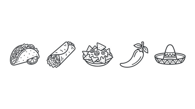 Mexican food and culture icons are presented as a collection of simple, hand-drawn black and white line art illustrations for various uses.