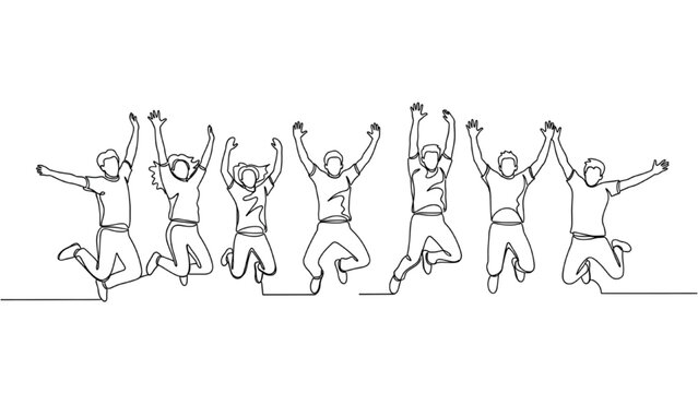 Continuous line drawing of joyful people jumping in unison outdoors