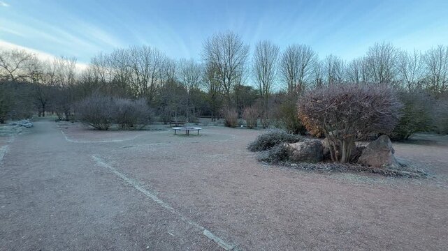 Frosty shrubs and bare trees spread across the quiet grounds of Salgirka Park. The wide gravel paths and soft morning light create a feeling of cold, peaceful solitude in the dormant garden.