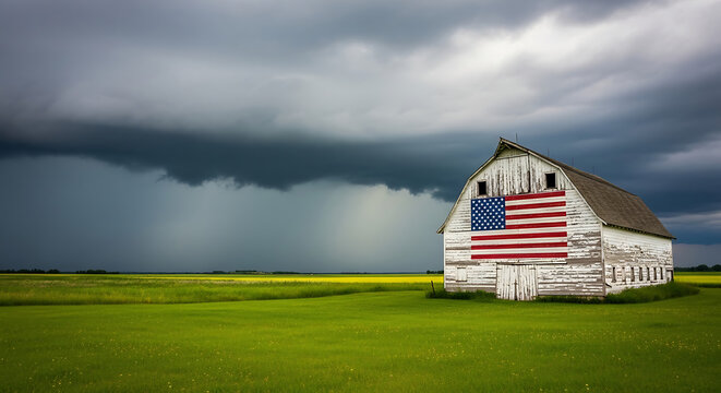 A weathered white barn with an American flag painted on its side stands in a vast green field under a dramatic, stormy sky.