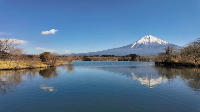 A sweeping panoramic pan across Lake Tanuki, revealing a perfect mirror reflection of the snow-capped Mount Fuji on still blue water under a bright, clear sky in Japan