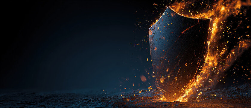 Molten metal shield glowing with fiery orange sparks against a dramatic black backdrop, symbolizing strength, protection, and resilience.