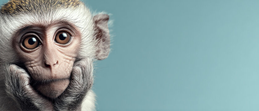 Close-up of a thoughtful monkey resting its face on its hands against a blue background, capturing curiosity and emotion.