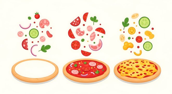 Colorful cartoon illustration of pizza preparation, showcasing scattered toppings like pepperoni, tomatoes, cucumbers, and onions, alongside a blank pizza base and finished pizzas.