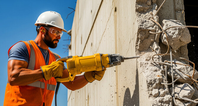 Construction worker using a rotary hammer on a concrete wall. Professional builder in safety gear performing demolition work outdoors. Industrial renovation and infrastructure development concept.
