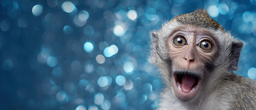 Close-up of a surprised monkey with wide eyes and open mouth against a sparkling blue bokeh background, perfect for playful or expressive themes.