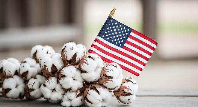 A small American flag is planted in a cluster of fluffy white cotton bolls, symbolizing American agriculture and industry.
