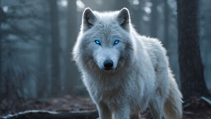 Obraz premium Majestic White Wolf with Glowing Blue Eyes in Foggy Winter Forest 