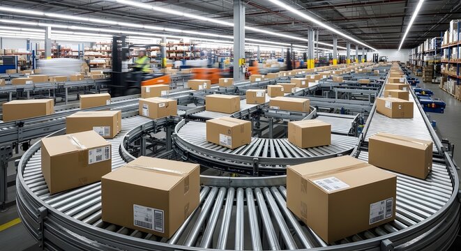 Cardboard boxes are continuously sorted and transported along a complex network of automated conveyor belts within a large, modern logistics warehouse facility, showcasing efficient distribution.