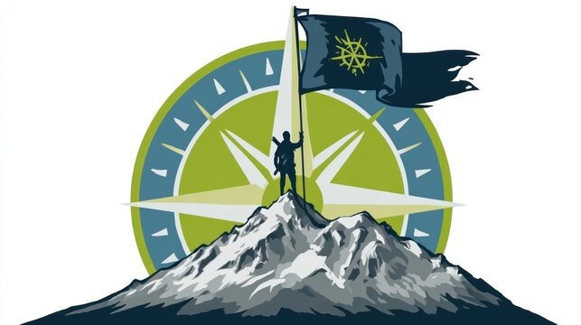 Climber on mountain peak with flag and stylized compass behind
