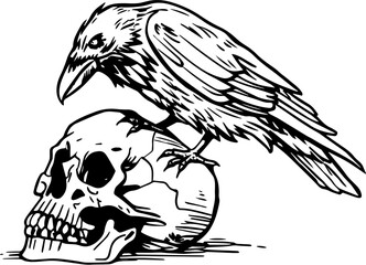 Obraz premium SVG spooky cryptid monsters in occult style tattoo design vector. Raven Perched on a Human Skull in Detailed Black and White Illustration