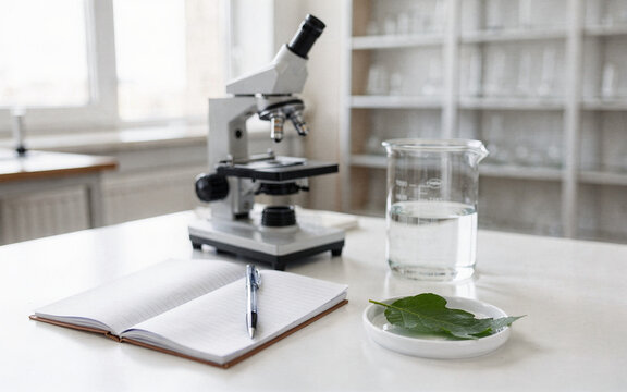 science learning setup with microscope beaker notebook and leaf sample