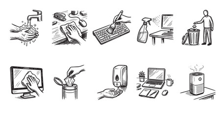 Obraz premium Collection of hand-drawn icons illustrating various hygiene and cleaning actions, including washing hands, sanitizing, and tidying a workspace, suitable for health and lifestyle content.