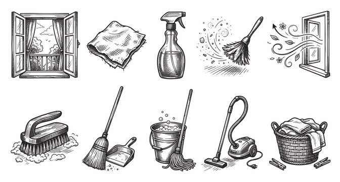 A collection of hand-drawn cleaning tools including a broom, mop, vacuum, and spray bottle are depicted with an open window suggesting fresh air and spring cleaning.