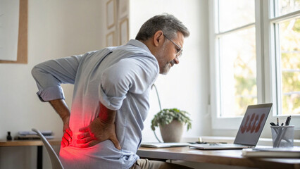 Obraz premium Back pain office man laptop sitting healthcare home office posture Middle aged man with back pain sitting office desk using laptop home office