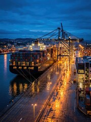 Fototapeta premium Large container vessel moored at a high-tech port terminal during twilight. Atmospheric lighting with golden reflections on water and industrial surfaces highlighting global trade.