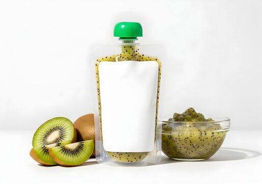 Kiwi fruit puree in a clear spout pouch with a blank white label and green cap, arranged with fresh kiwi slices and a bowl of fruit mash on a white background for mockup.