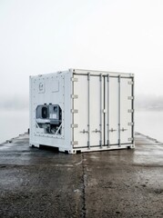 Fototapeta premium Isolated white refrigerated shipping container on a misty dock. Conceptual image representing the cold chain, perishable goods transport, and specialized maritime logistics.