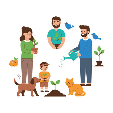 Family planting trees and gardening together with pets and birds