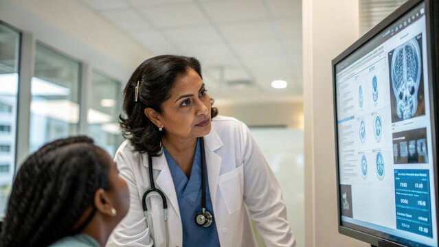 Doctor patient hospital medical consultation brain scan radiology monitor Female doctor consulting patient hospital, reviewing brain scan