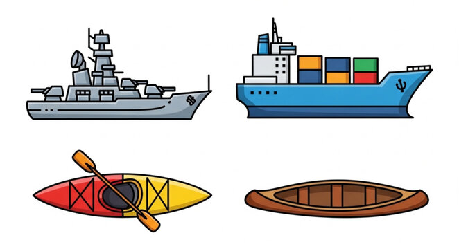 Collection of four different types of boats and watercraft.