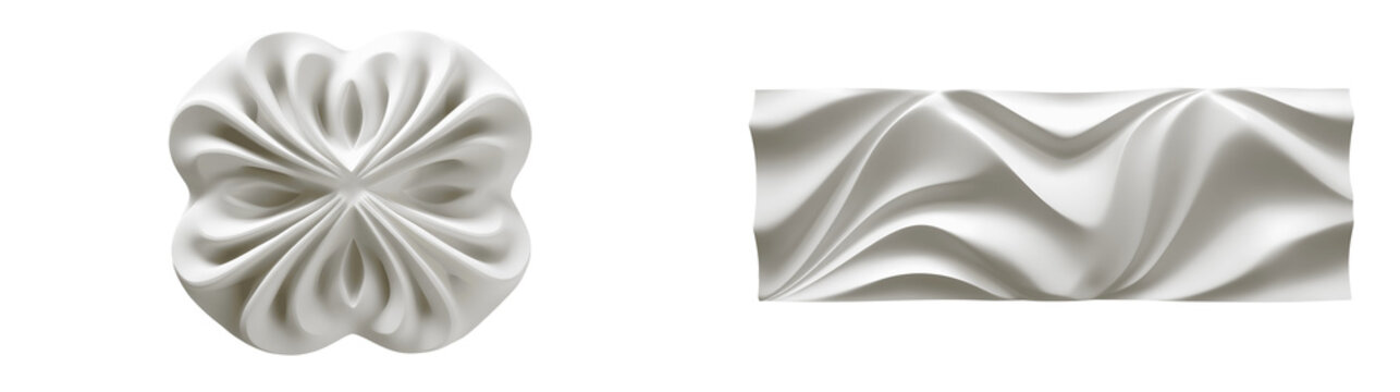 Abstract White Architectural 3D Relief Wall Panels with Decorative Floral and Wave Patterns Isolated on Transparent Background for Interior Design