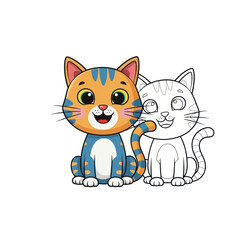 Fototapeta premium Cute cartoon cats, one colored, one outline for coloring