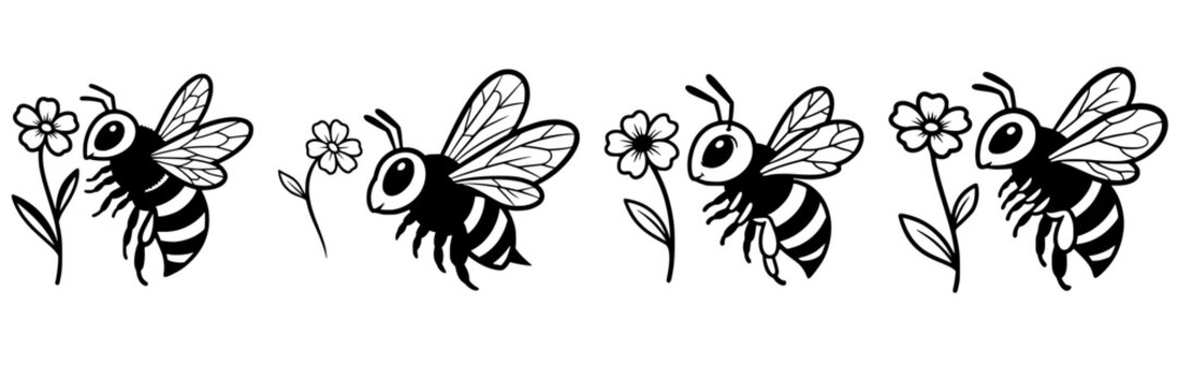 Border pattern with black and white cute cartoon bees and flowers