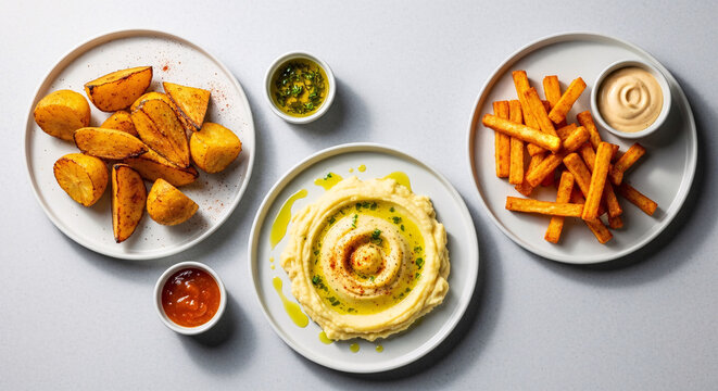 Overhead view of assorted potato side dishes including roast potatoes, fries, mash, and dipping sauces