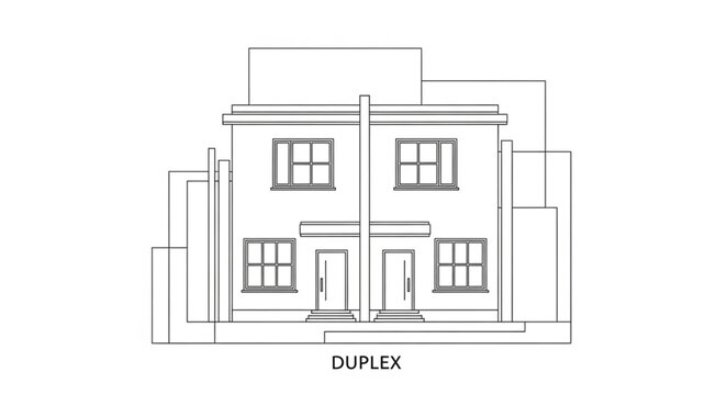 Sketch of a modern duplex house with two stories and windows.