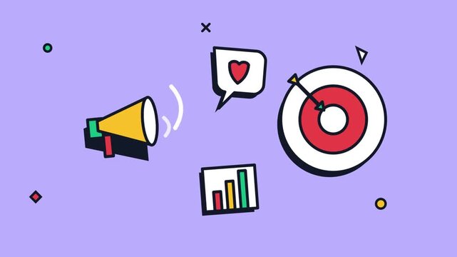 Animated Flat Vector Illustration of Digital Marketing Megaphone with Target Board and Growth Chart on Purple Background
