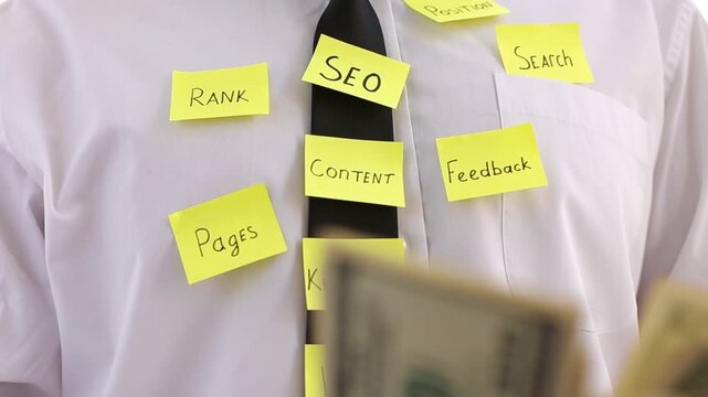 SEO optimization on an office worker's tie and shirt, counting money