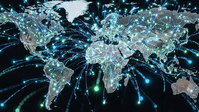 Dynamic global network visualization with glowing blue and green connections illuminating continents at night showing interconnectedness and data flow across the planet