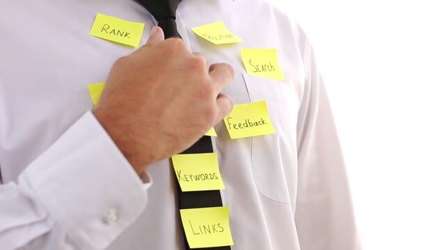 SEO optimization on the tie and shirt of an office worker, marketing