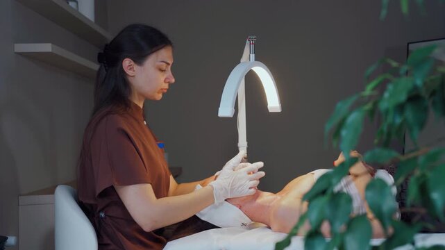 Professional aesthetician conducts detailed skin analysis. Experienced esthetic professional carefully applies light therapy while maintaining sterile technique during facial examination