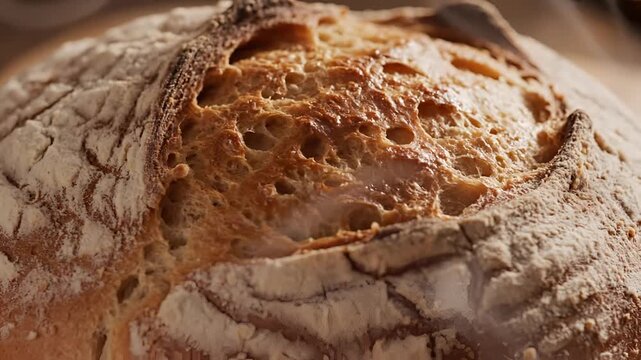 Closeup shot of a rustic freshly baked loaf of bread with a goldenbrown crust.