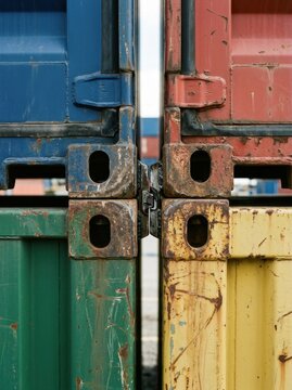 Macro abstract of four shipping container corners meeting. Focus on industrial textures, steel castings, and geometric color blocks in a minimalist logistics composition.