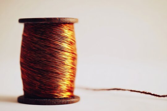 Close up of copper wire spool with thread for creative and industrial use