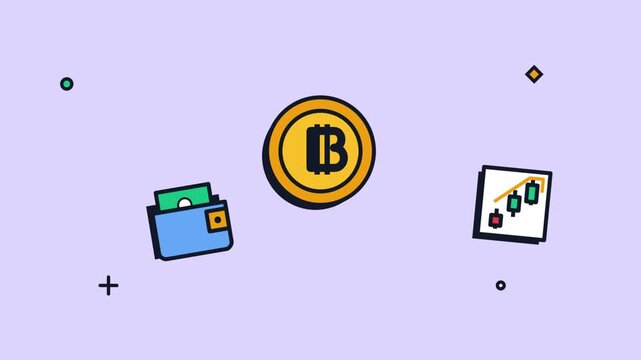 Animated Flat Vector Illustration of Bitcoin Cryptocurrency Wallet and Growth Chart on Purple Background