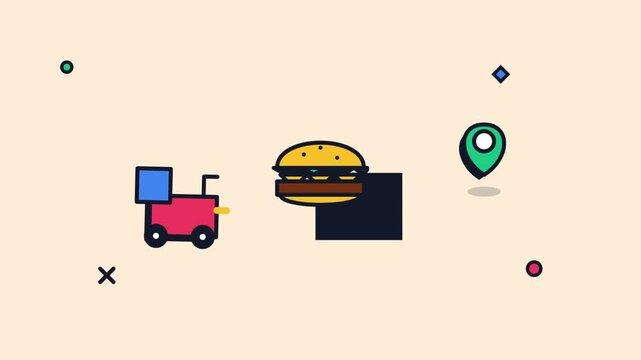 Animated Flat Vector Illustration of Fast Food Delivery Scooter Burger and Location Pin on Orange Background