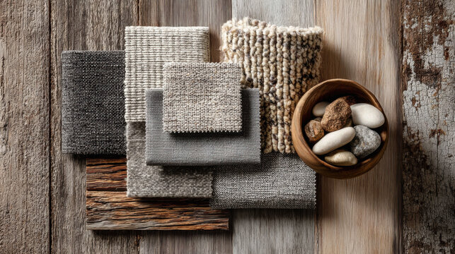Natural fabric swatches folded on rustic wooden table with cotton bowl. Sustainable textile material concept for eco fashion, interior design, and organic fabric branding.