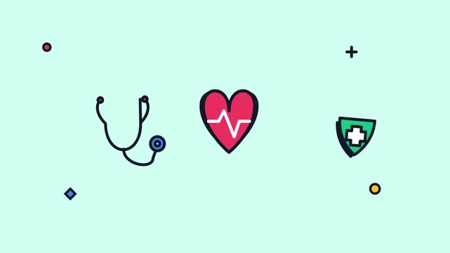Animated Flat Vector Illustration of Healthcare Telemedicine Heart Stethoscope and Medical Shield on Teal Background
