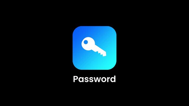 A dark background app icon featuring a blue rounded square with a white key symbol labeled Password representing a credential and security manager app