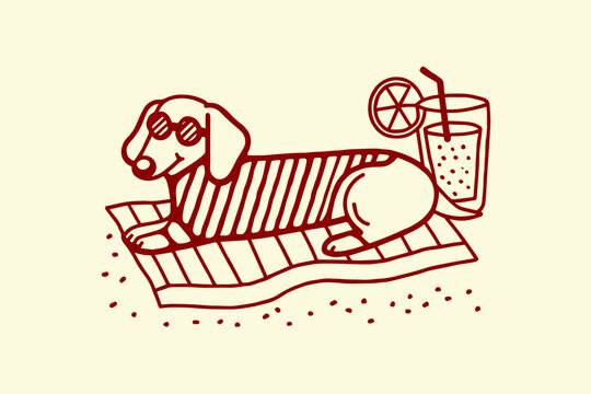 Dachshund dog with sunglasses lying on a beach towel next to a refreshing drink hot weather cooling down line art wiener dog sausage dog hand drawn dachshund sunglasses vacation