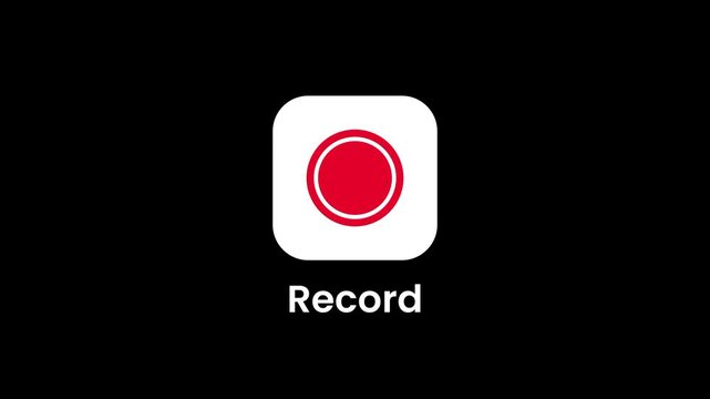 A dark background app icon featuring a white rounded square with a red circular record symbol labeled Record for a screen or audio recording application