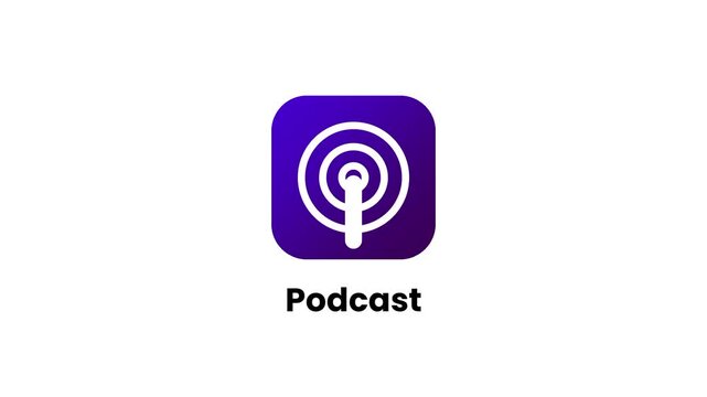 A white background app icon featuring a purple broadcast symbol labeled Podcast representing a native mobile podcast listening and subscription application